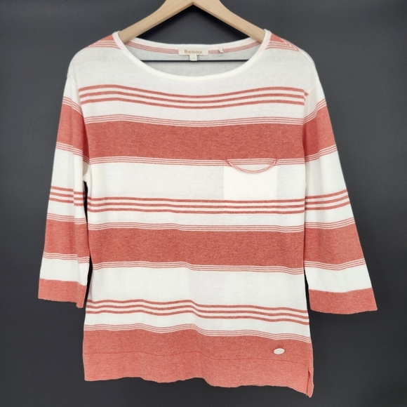 Barbour Womens Cotton Sweater Size‎ 12 Coral Ivory Striped Lightweight Classic - Picture 1 of 8